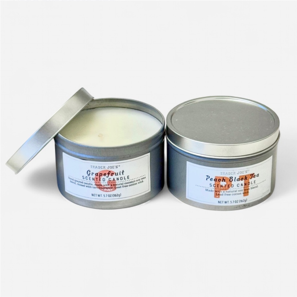 NWT Trader Joe’s Grapefruit & Peach Black Tea Small Scented Candle Tins Bundle 2